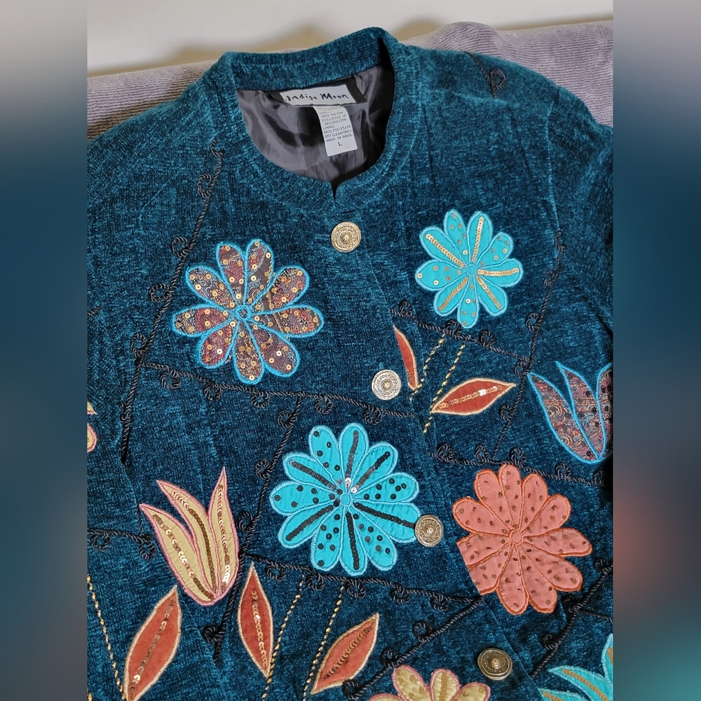 Vintage Indigo Moon Teal Embroidered Jacket Women's Sz L Like New ZERO FLAWS!